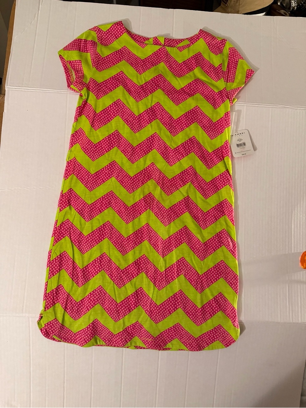 #298 Girls Neon Pink and Lime Chevron Shift Dress